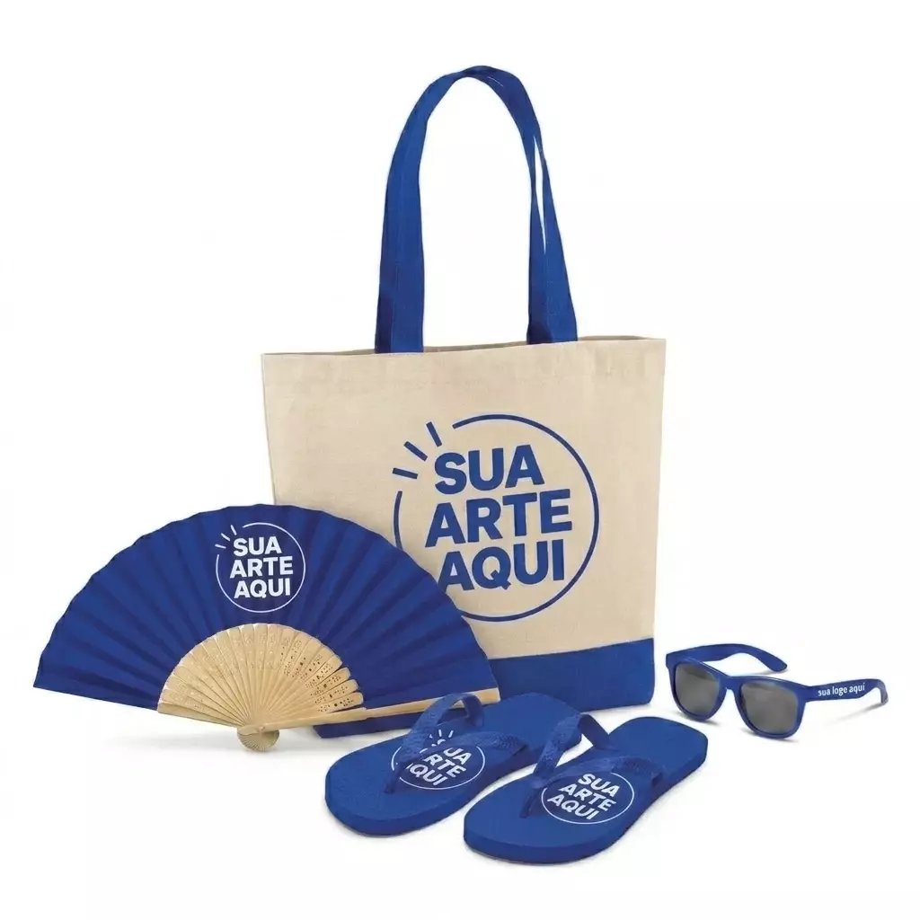 Kit Brisa Personalizado - Sacola, Leque, Chinelo e Óculos Azul
