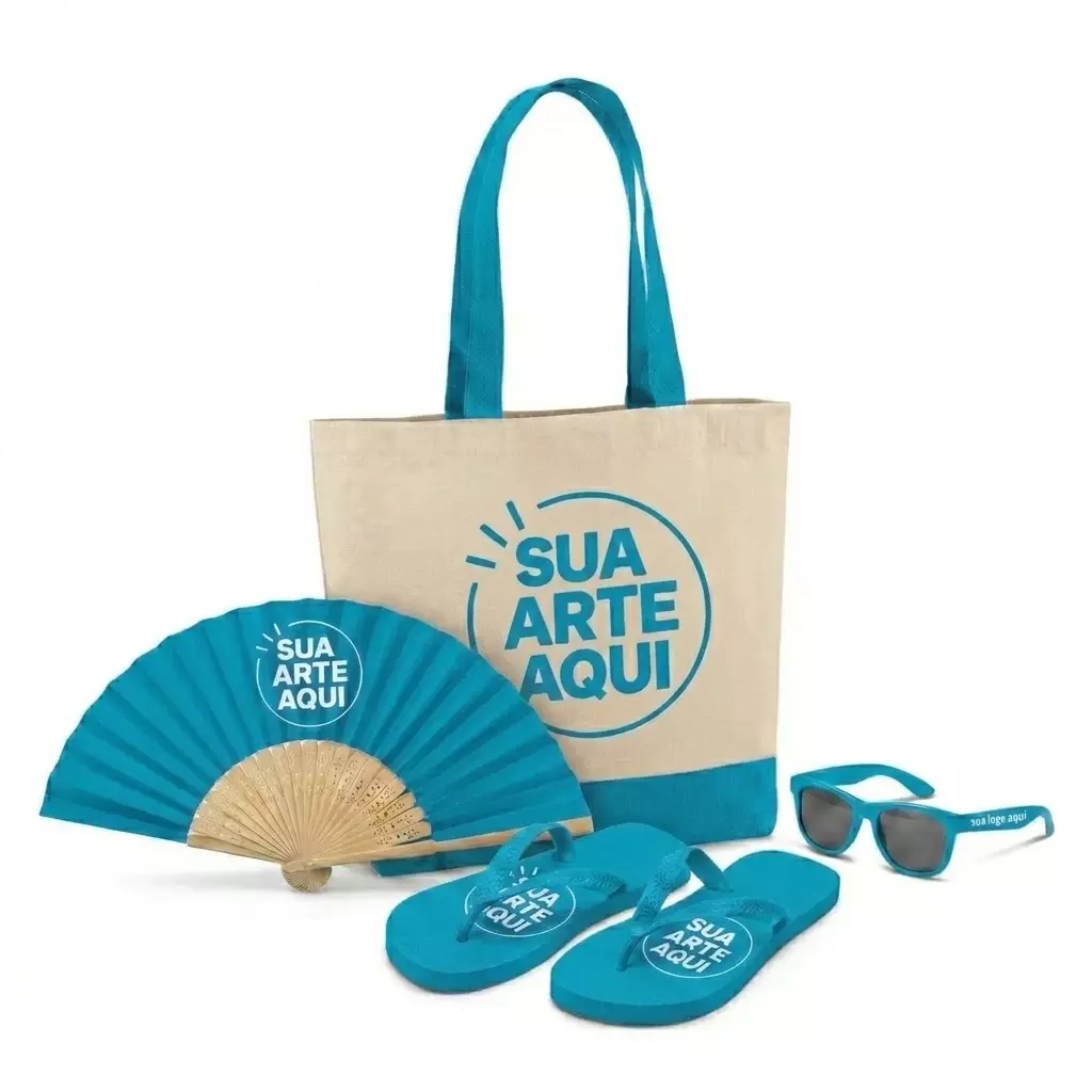 Kit Brisa Personalizado - Sacola, Leque, Chinelo e Óculos Turquesa