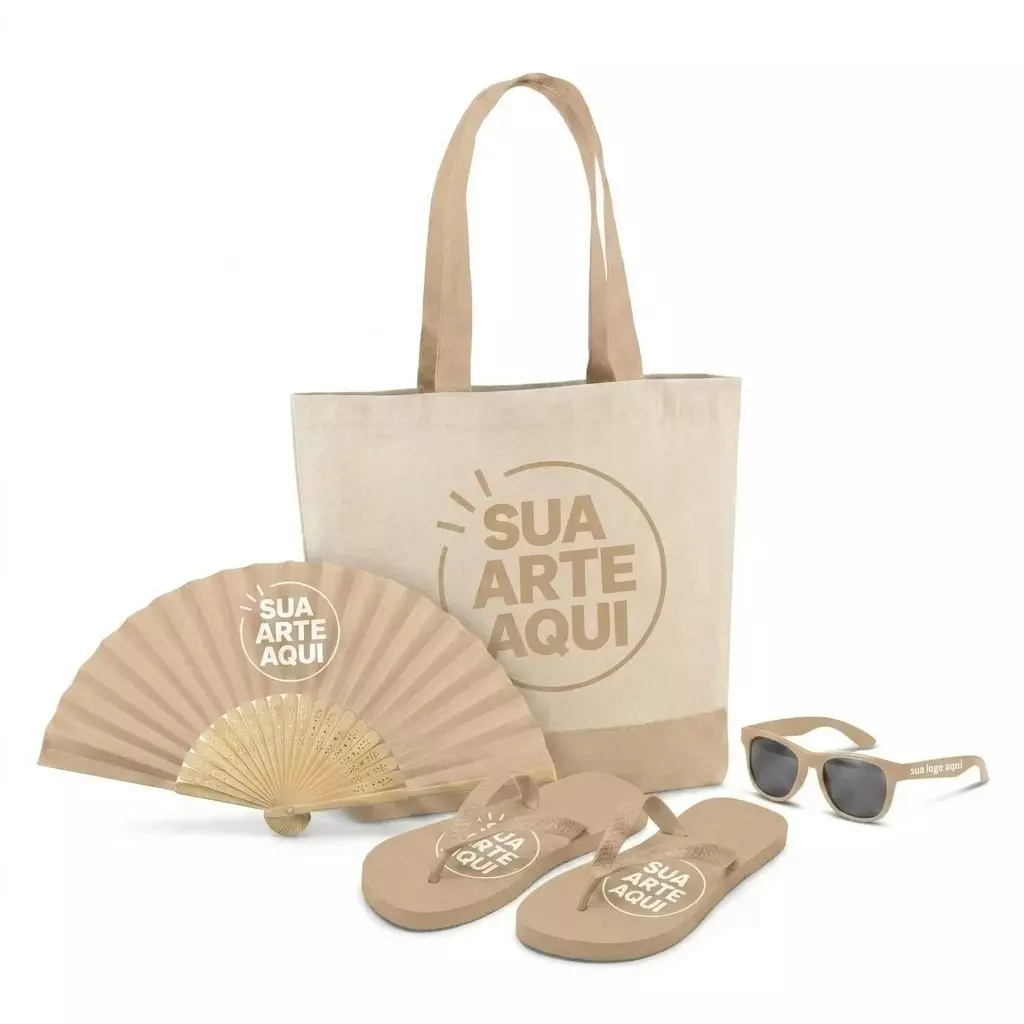Kit Brisa Personalizado - Sacola, Leque, Chinelo e Óculos Bege