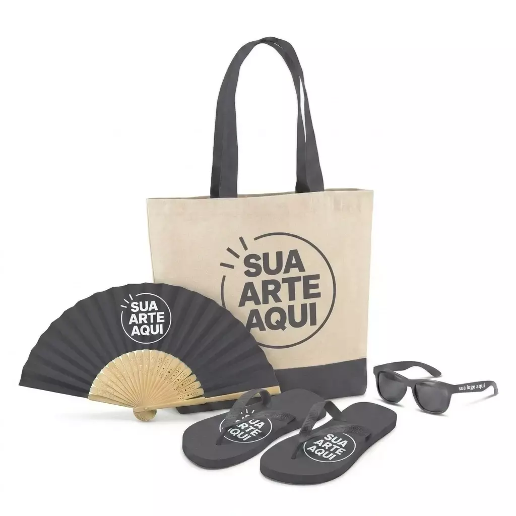 Kit Brisa Personalizado - Sacola, Leque, Chinelo e Óculos Cinza