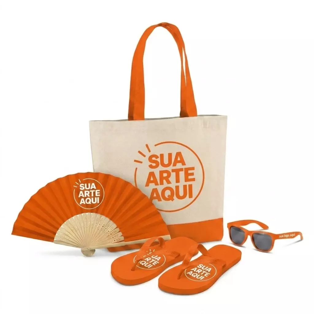 Kit Brisa Personalizado - Sacola, Leque, Chinelo e Óculos Laranja