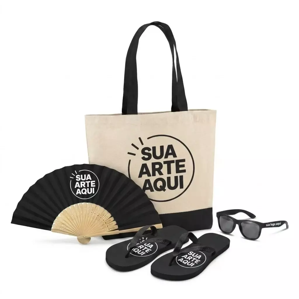 Kit Brisa Personalizado - Sacola, Leque, Chinelo e Óculos Preto