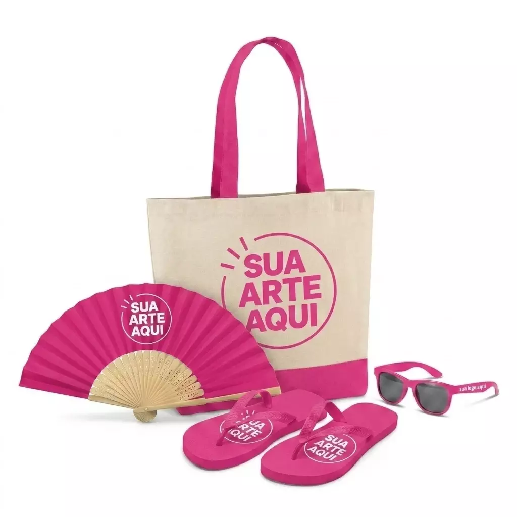 Kit Brisa Personalizado - Sacola, Leque, Chinelo e Óculos Rosa