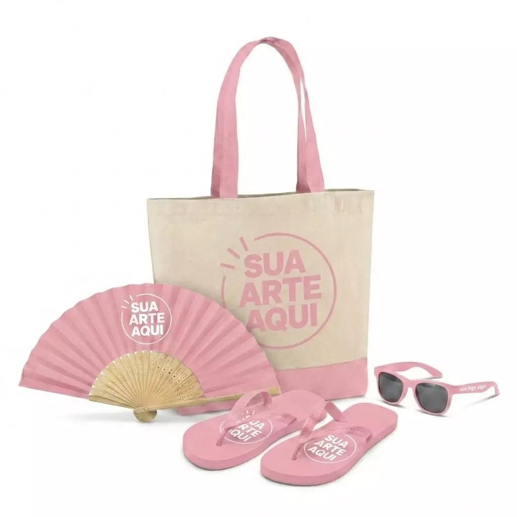 Kit Brisa Personalizado - Sacola, Leque, Chinelo e Óculos Rosa Claro