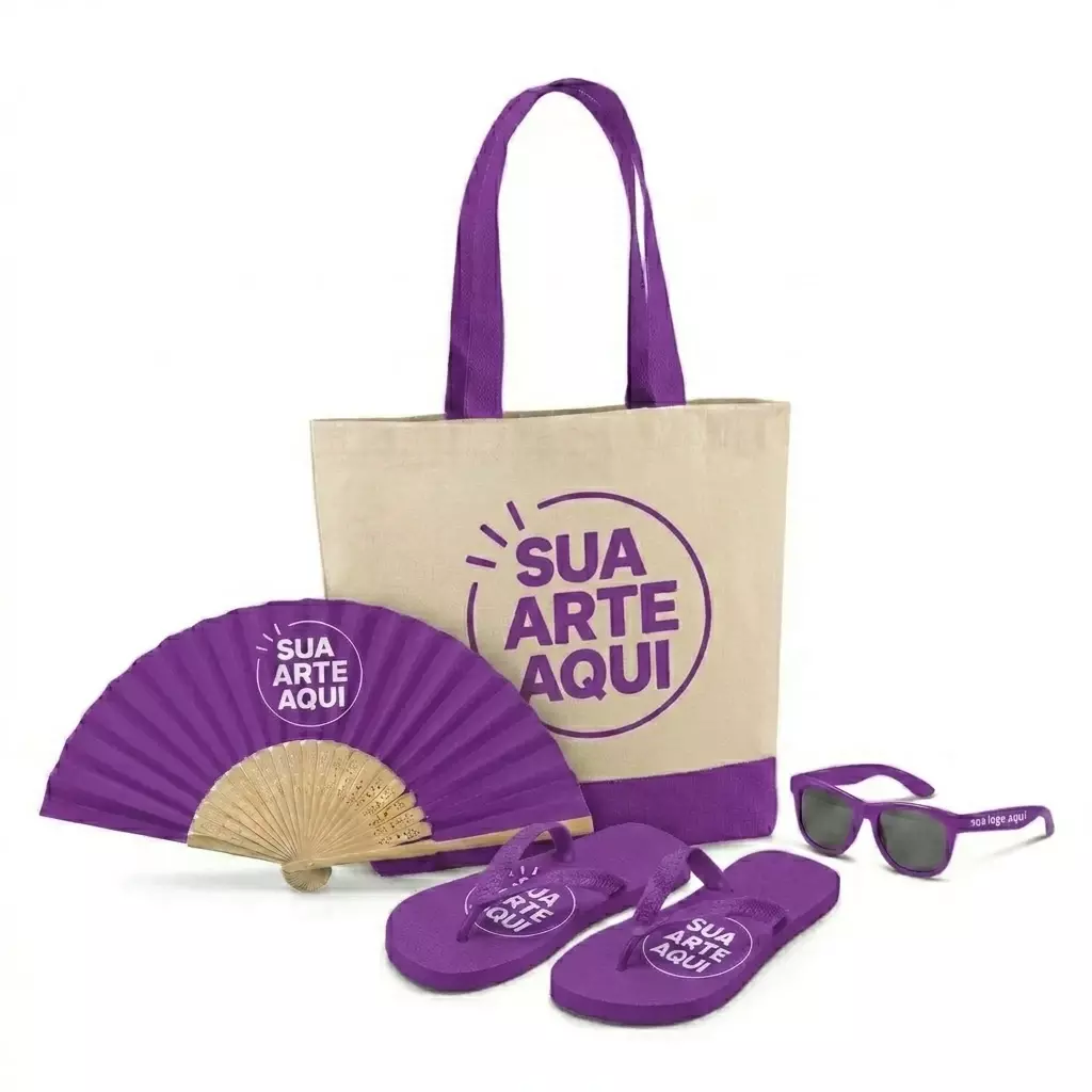 Kit Brisa Personalizado - Sacola, Leque, Chinelo e Óculos Roxo