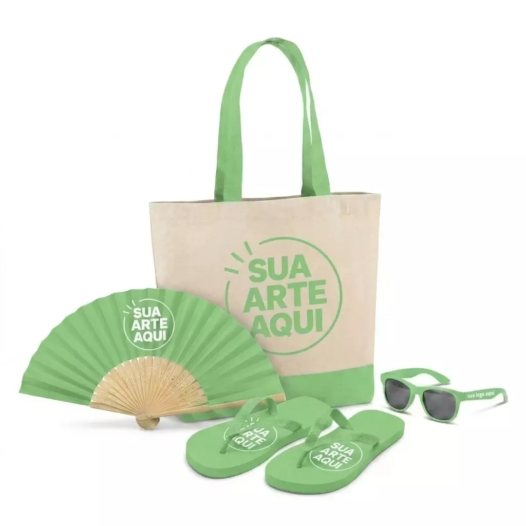 Kit Brisa Personalizado - Sacola, Leque, Chinelo e Óculos Verde Claro