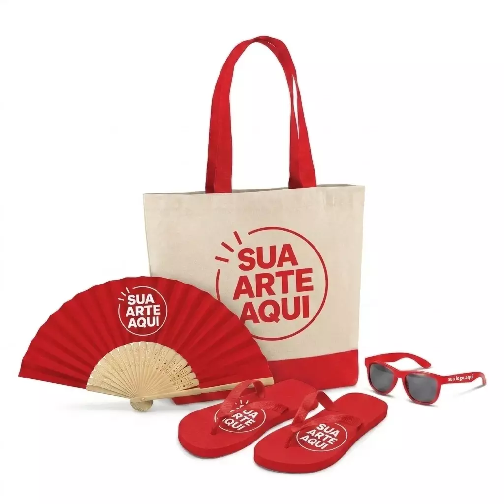 Kit Brisa Personalizado - Sacola, Leque, Chinelo e Óculos Vermelho