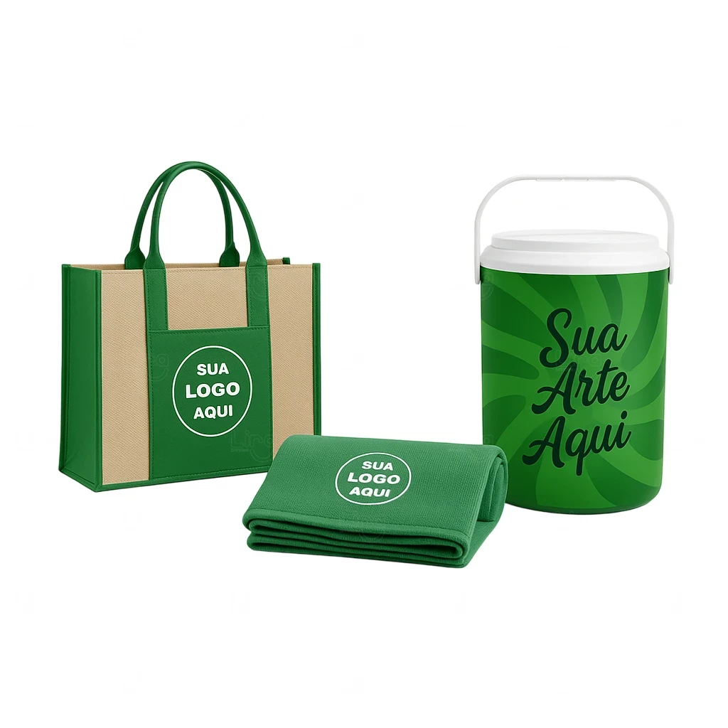 Kit Verão Personalizado - Cooler, Sacola de Linho e Toalha Verde