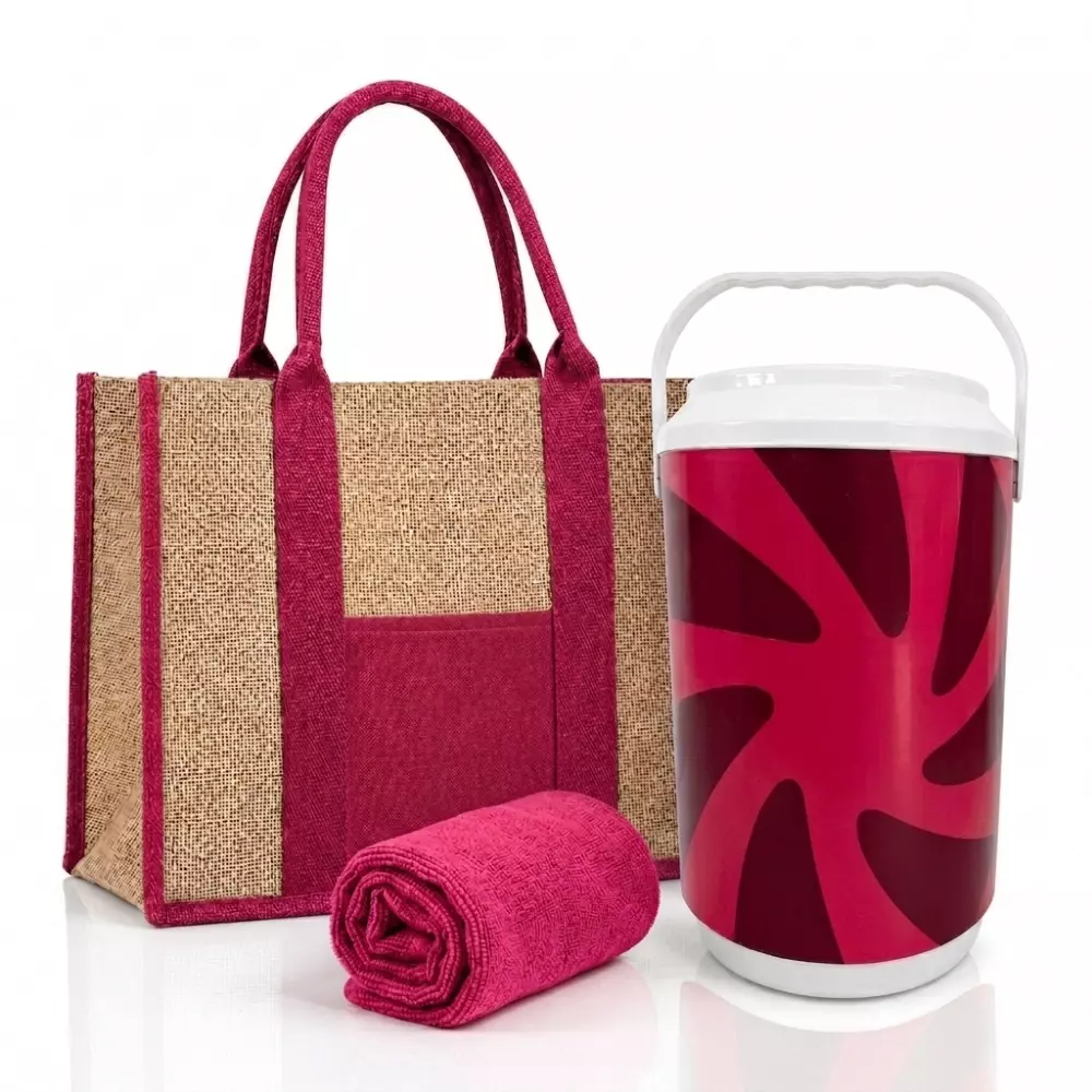 Kit Verão Personalizado - Cooler, Sacola de Linho e Toalha Rosa