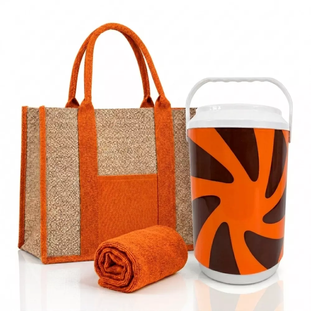 Kit Verão Personalizado - Cooler, Sacola de Linho e Toalha Laranja