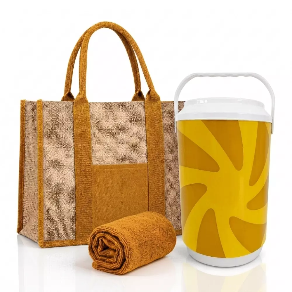 Kit Verão Personalizado - Cooler, Sacola de Linho e Toalha Amarelo