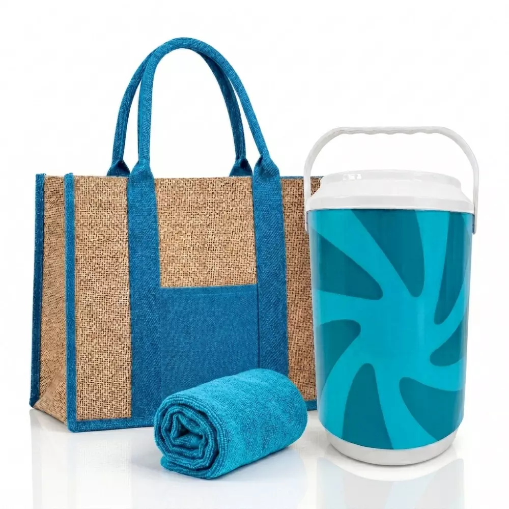 Kit Verão Personalizado - Cooler, Sacola de Linho e Toalha Azul Claro