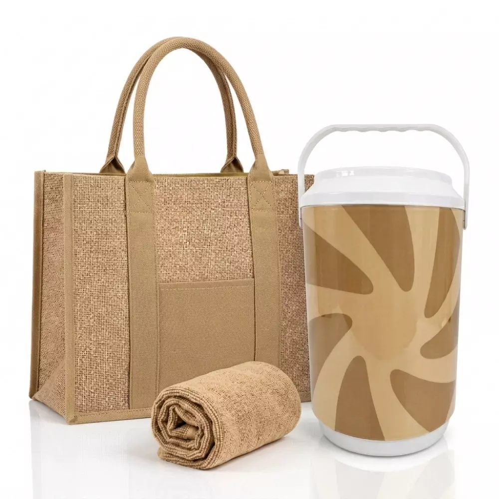 Kit Verão Personalizado - Cooler, Sacola de Linho e Toalha Bege