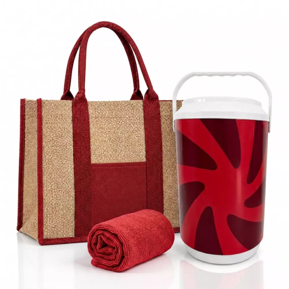 Kit Verão Personalizado - Cooler, Sacola de Linho e Toalha Vermelho
