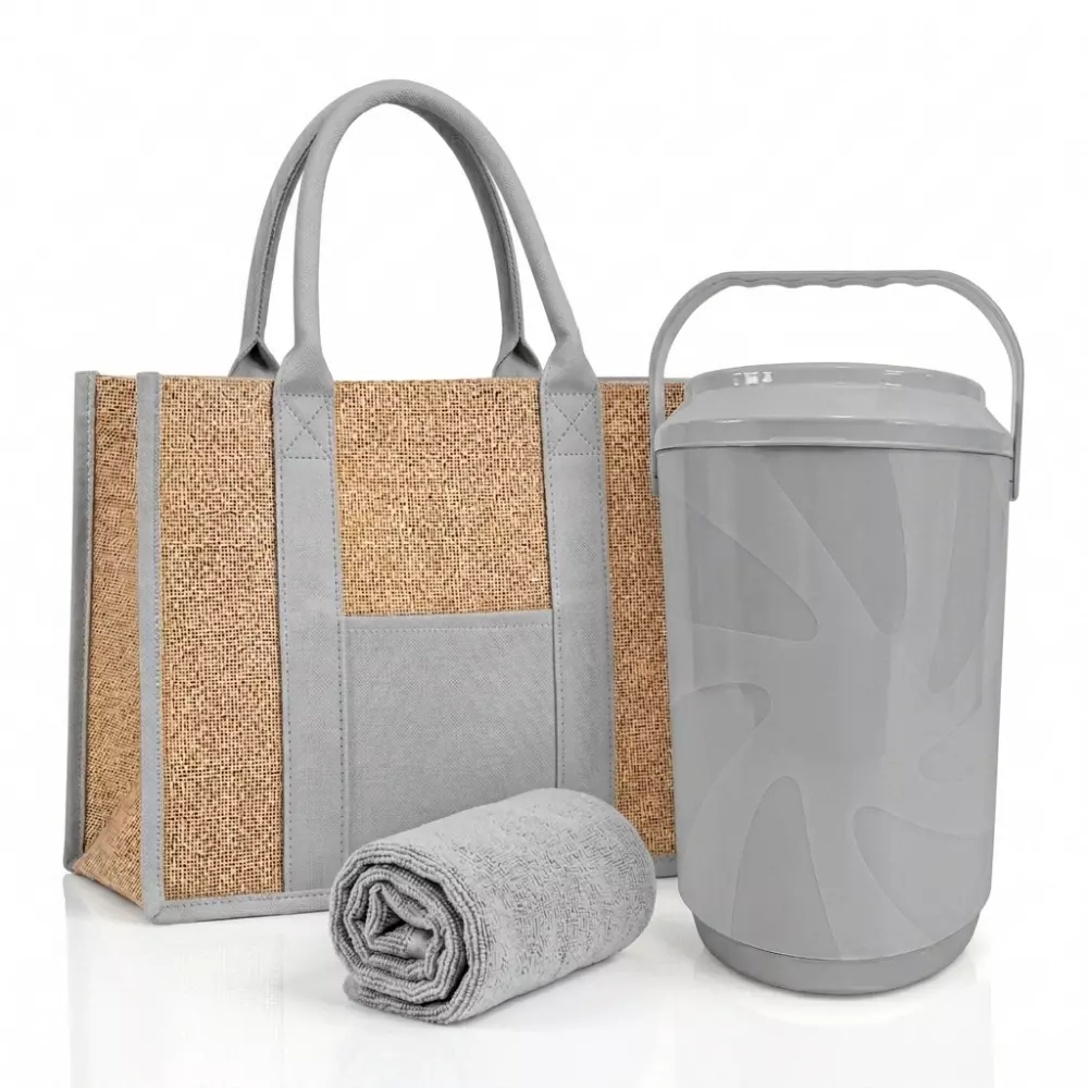 Kit Verão Personalizado - Cooler, Sacola de Linho e Toalha Cinza