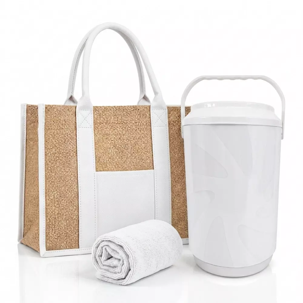 Kit Verão Personalizado - Cooler, Sacola de Linho e Toalha Branco