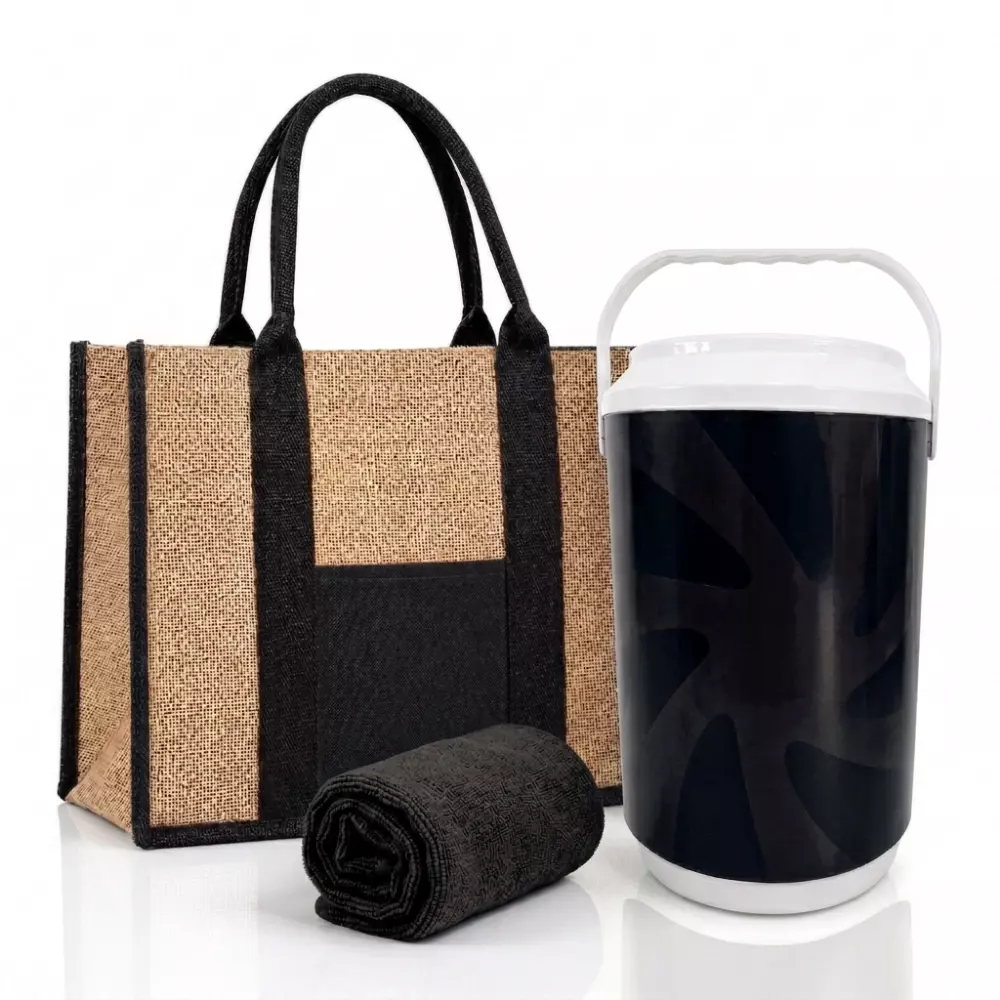 Kit Verão Personalizado - Cooler, Sacola de Linho e Toalha Preto