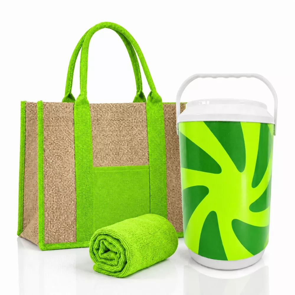 Kit Verão Personalizado - Cooler, Sacola de Linho e Toalha Verde