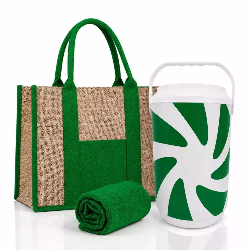 Kit Verão Personalizado - Cooler, Sacola de Linho e Toalha Verde