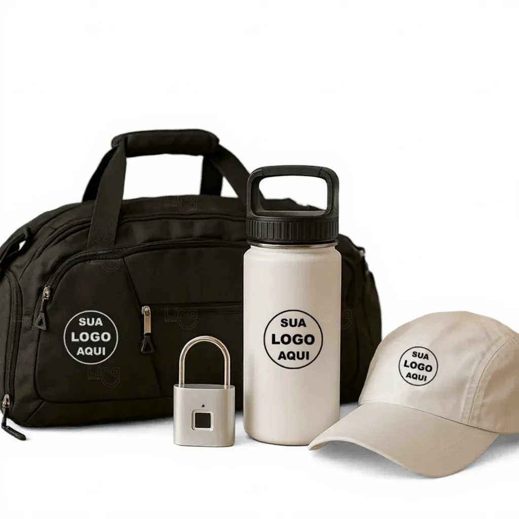 Kit Esporte Personalizado - Bolsa, Garrafa, Boné e Cadeado 