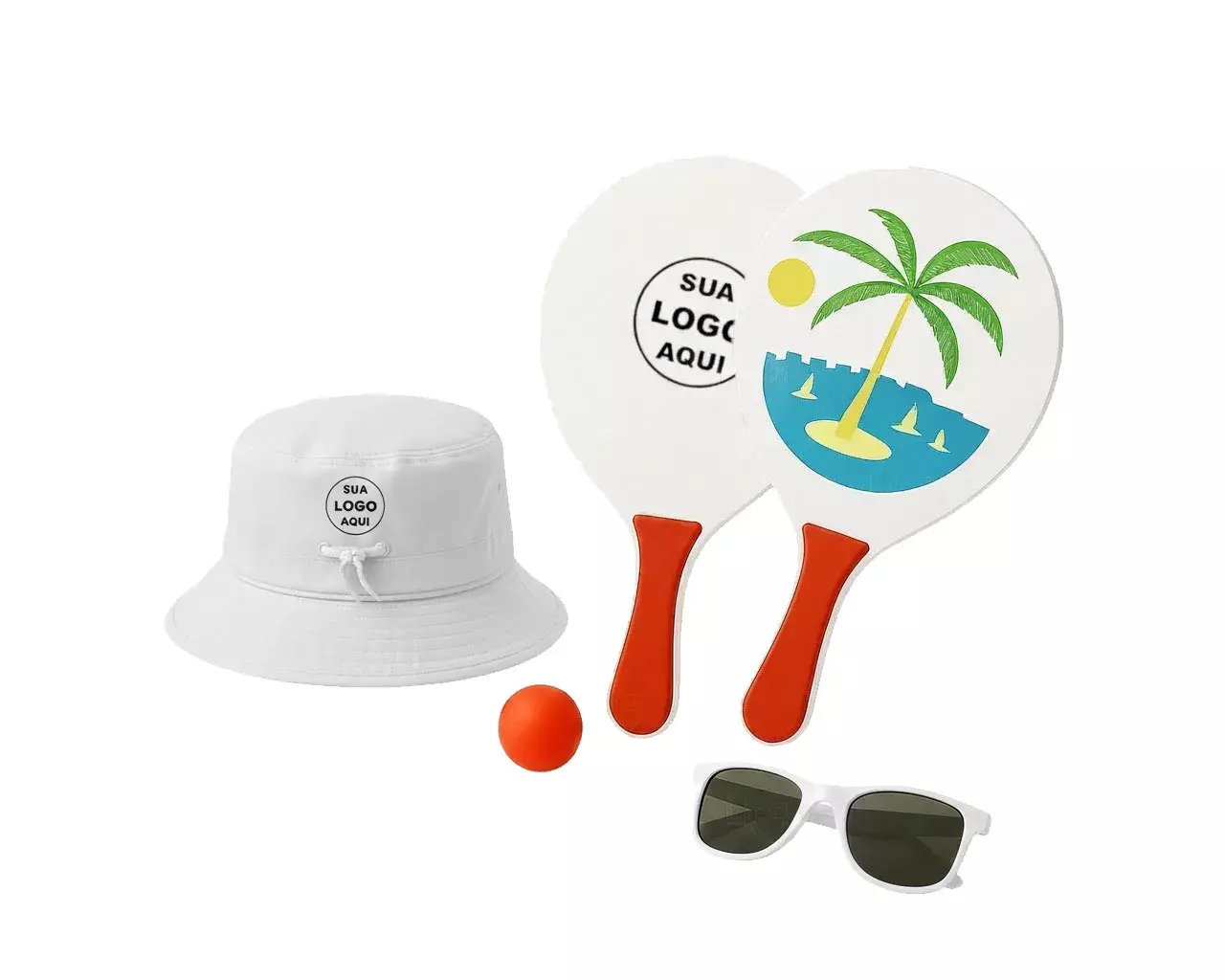 Kit Litoral Personalizado - Chapéu Bucket, Frescobol e Óculos Branco