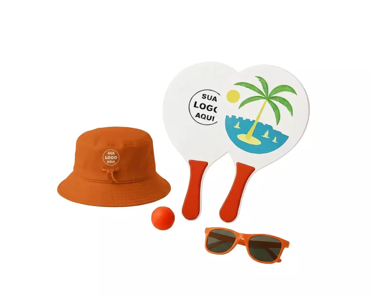 Kit Litoral Personalizado - Chapéu Bucket, Frescobol e Óculos Laranja