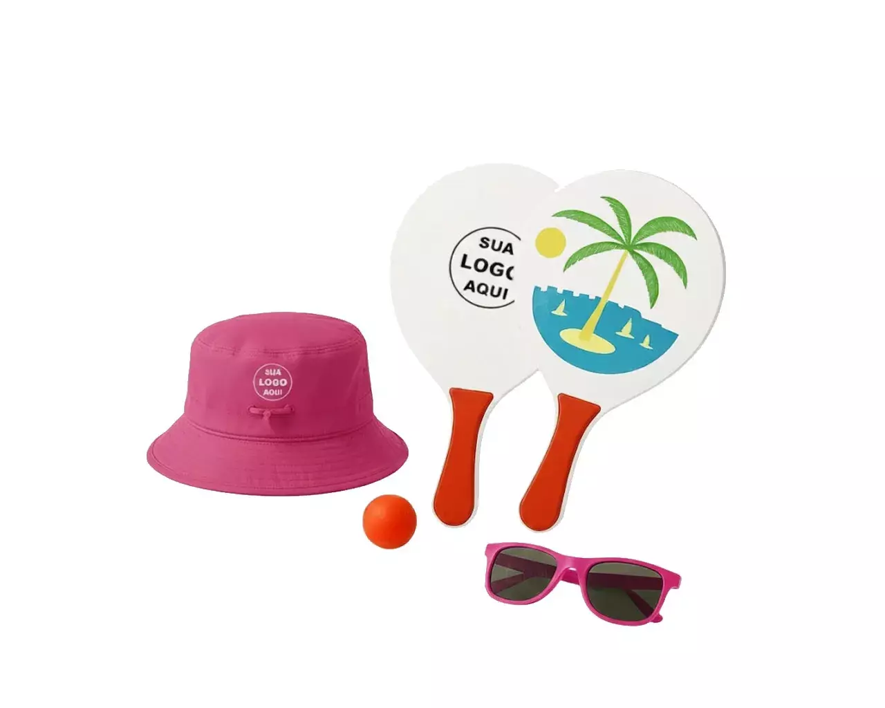 Kit Litoral Personalizado - Chapéu Bucket, Frescobol e Óculos Rosa Pink