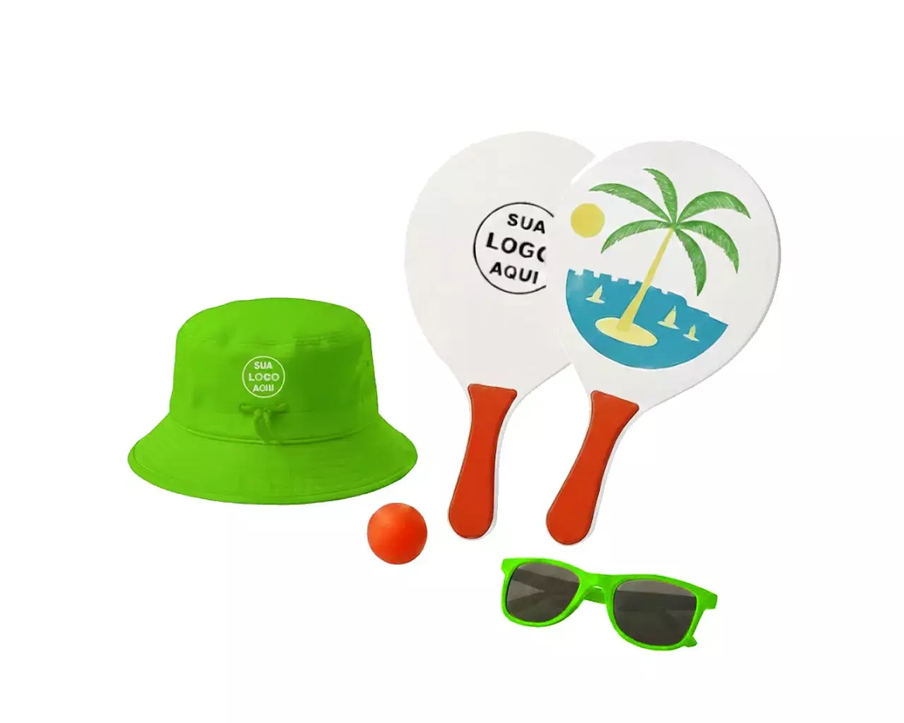 Kit Litoral Personalizado - Chapéu Bucket, Frescobol e Óculos Verde Claro