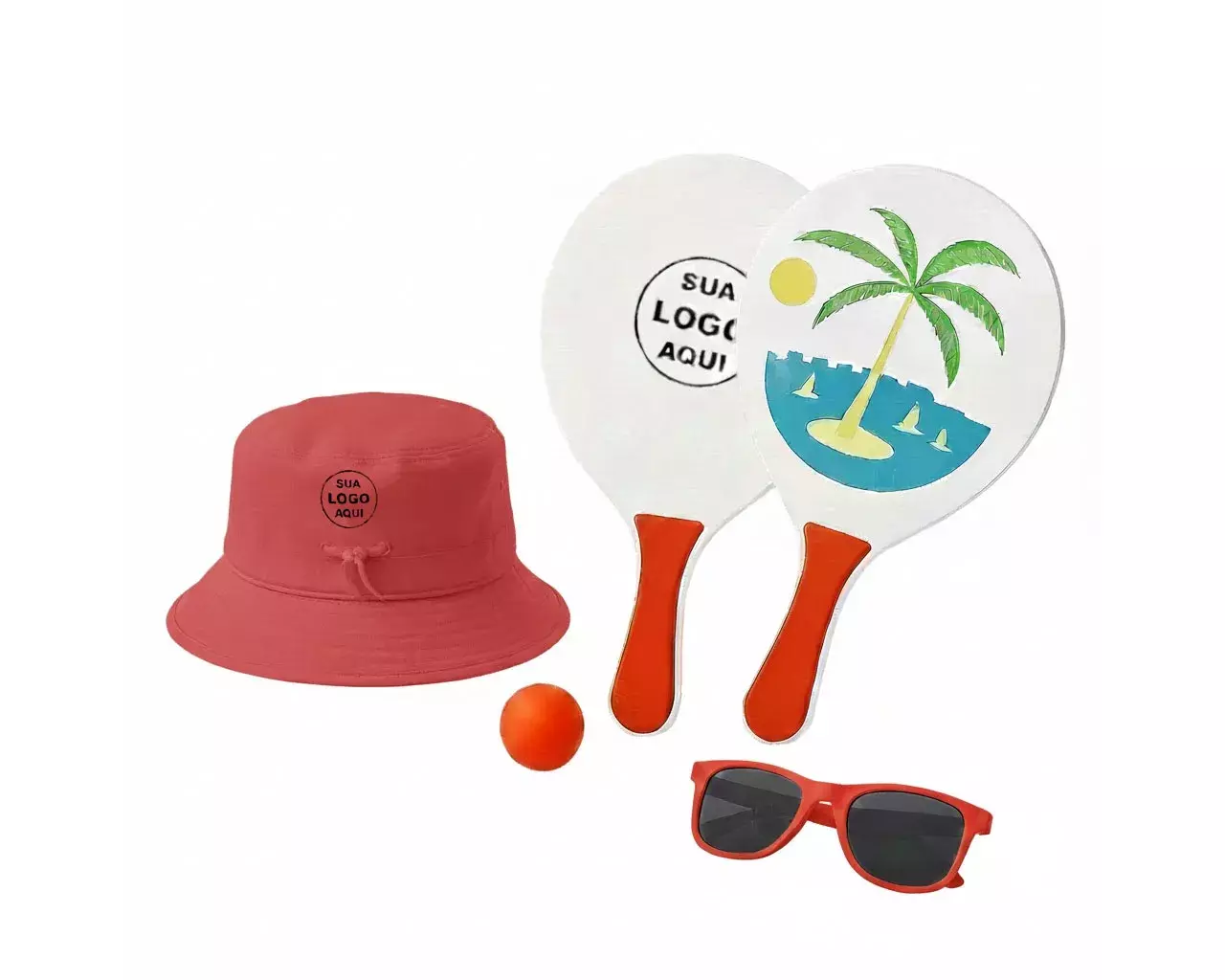 Kit Litoral Personalizado - Chapéu Bucket, Frescobol e Óculos Vermelho