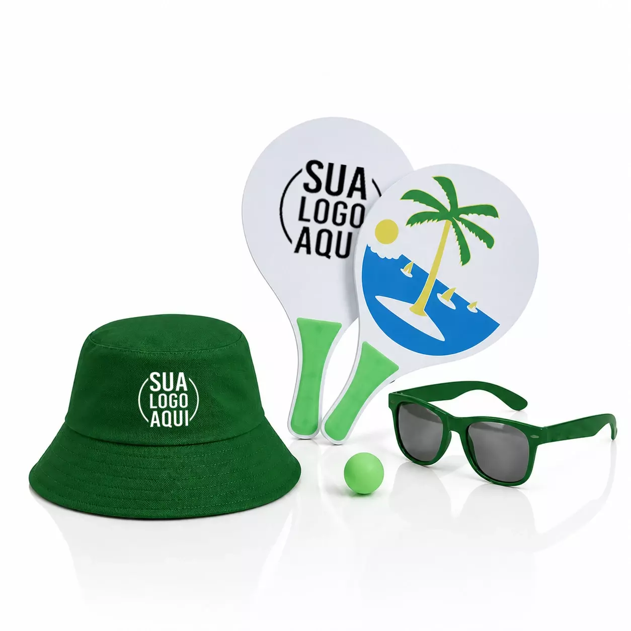 Kit Litoral Personalizado - Chapéu Bucket, Frescobol e Óculos Verde
