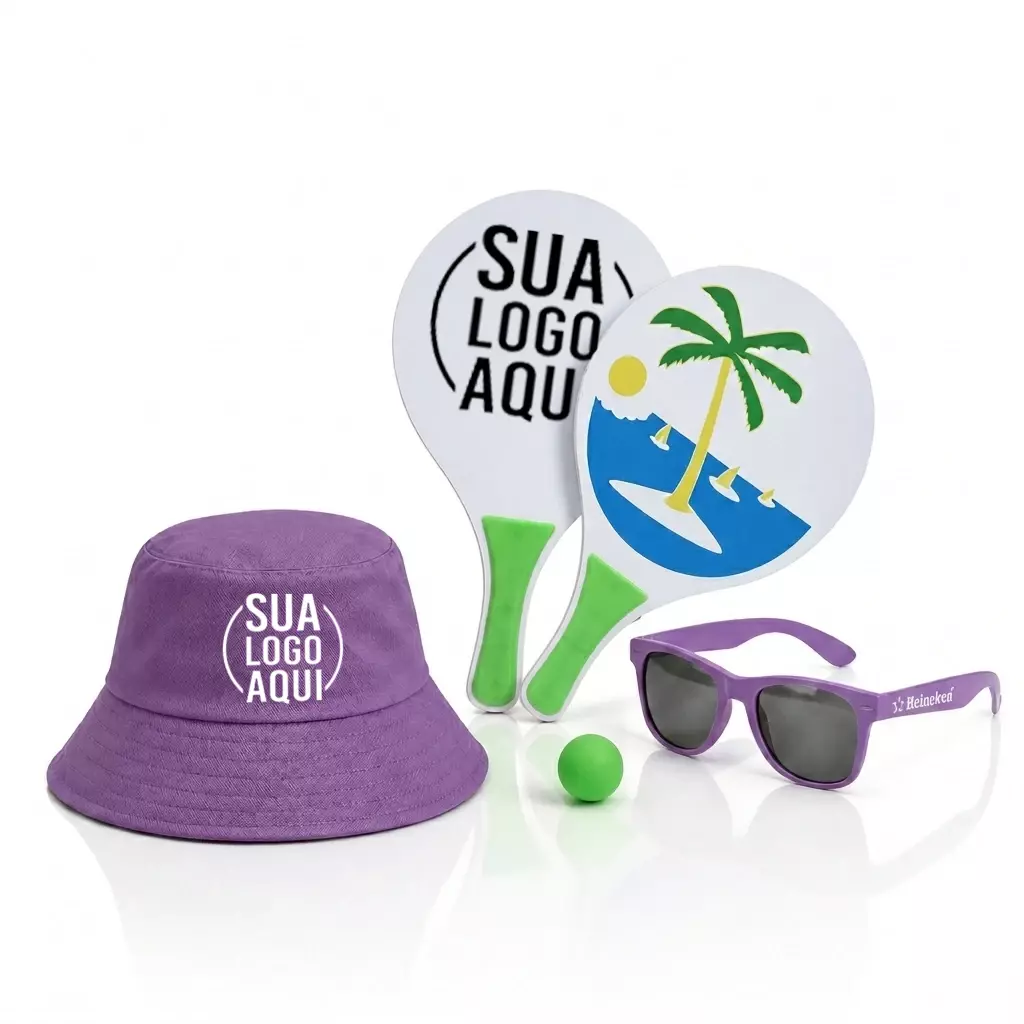Kit Litoral Personalizado - Chapéu Bucket, Frescobol e Óculos Lilás