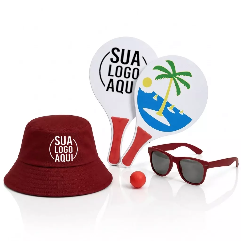 Kit Litoral Personalizado - Chapéu Bucket, Frescobol e Óculos Vermelho