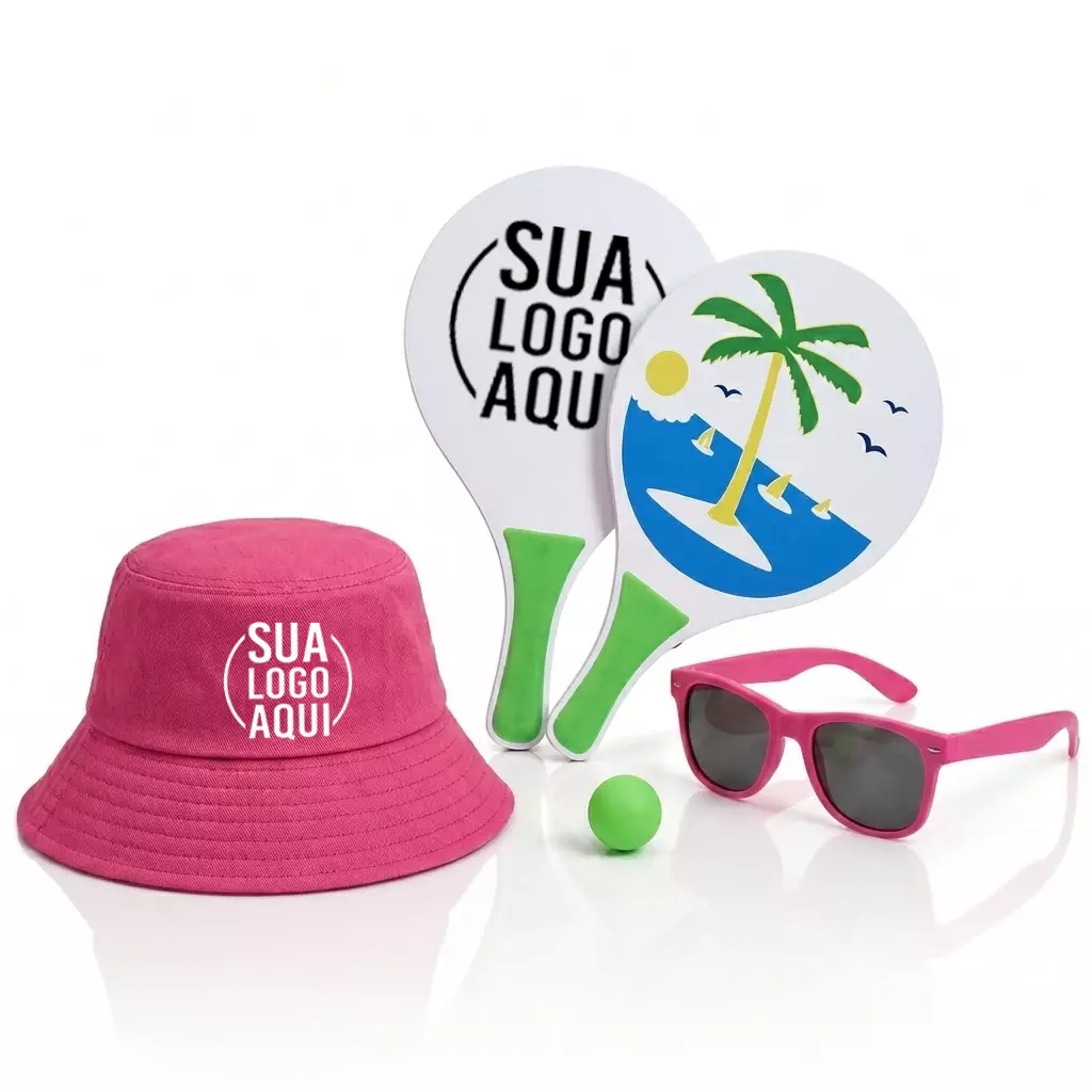Kit Litoral Personalizado - Chapéu Bucket, Frescobol e Óculos Rosa Pink