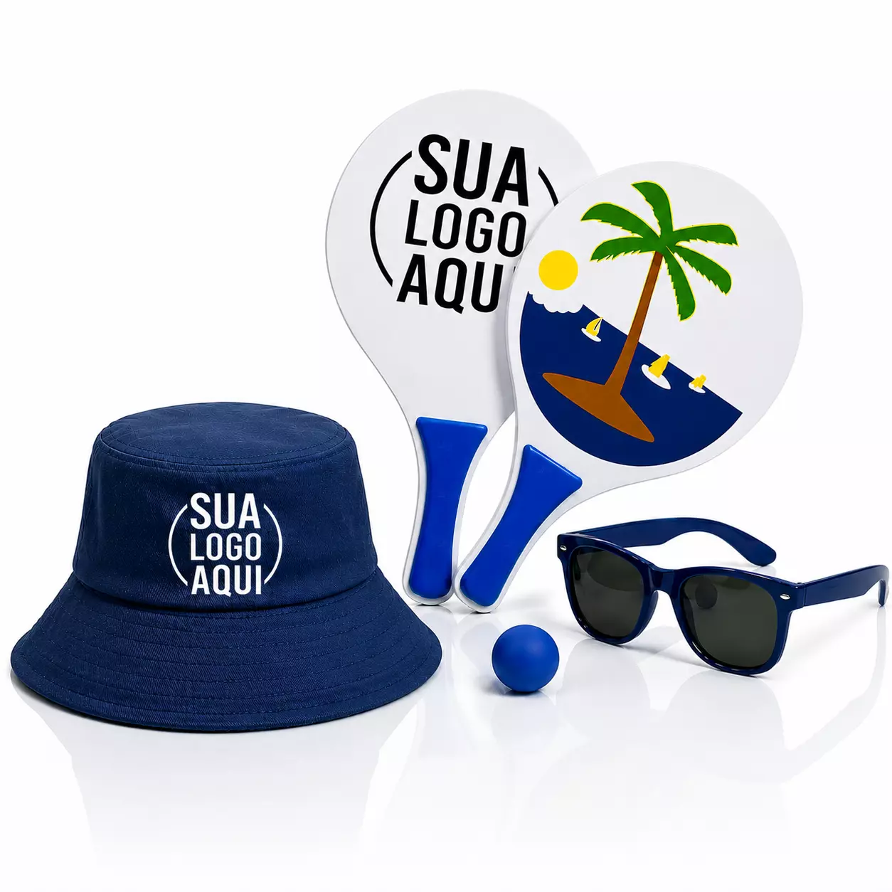 Kit Litoral Personalizado - Chapéu Bucket, Frescobol e Óculos Azul Marinho