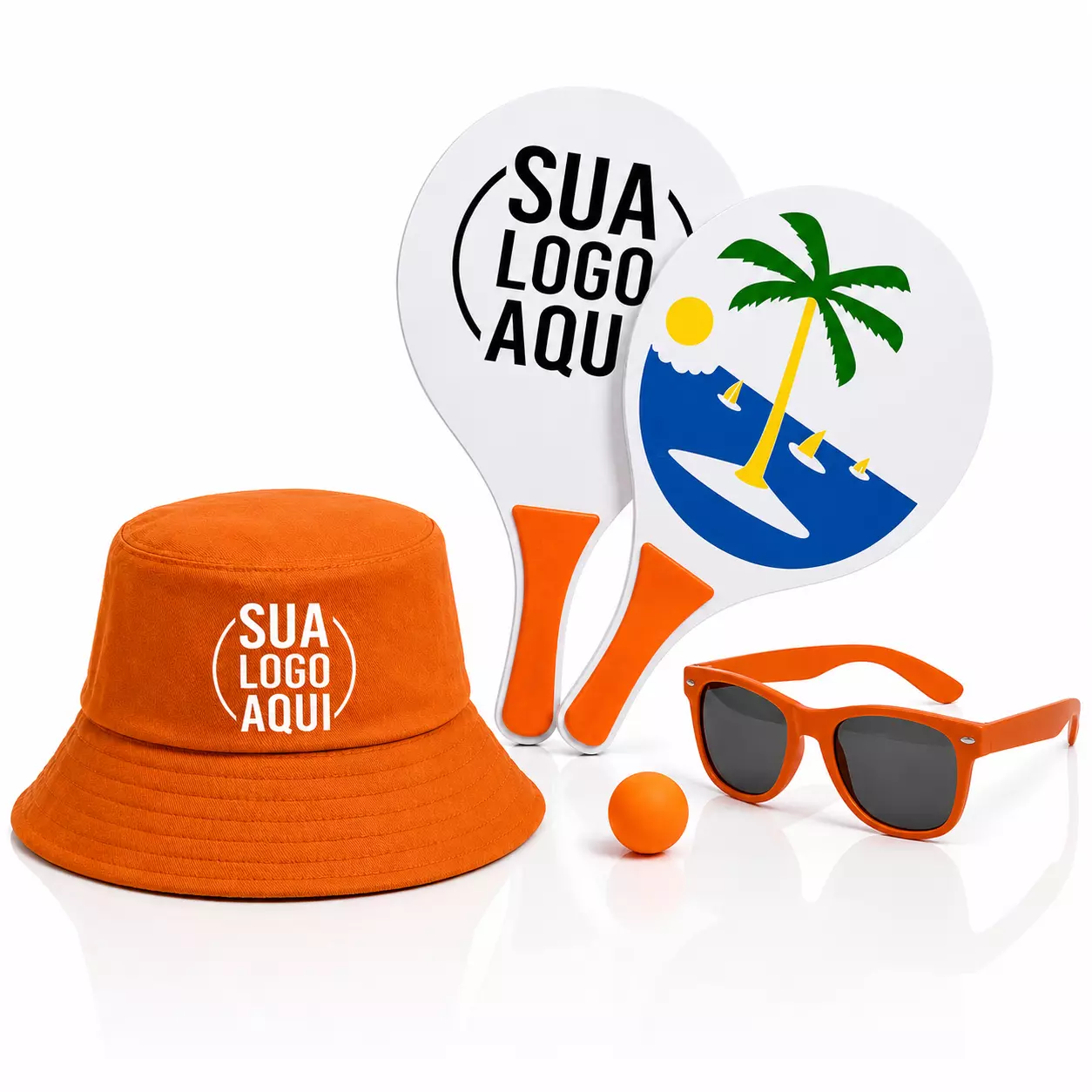 Kit Litoral Personalizado - Chapéu Bucket, Frescobol e Óculos Laranja