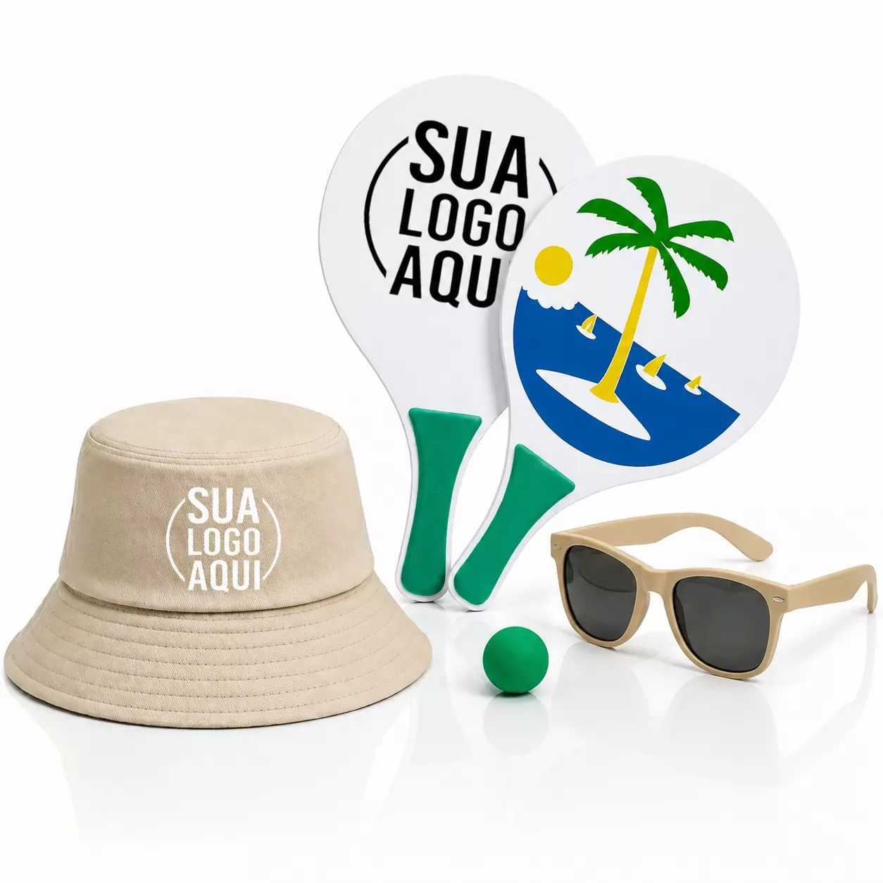 Kit Litoral Personalizado - Chapéu Bucket, Frescobol e Óculos Bege