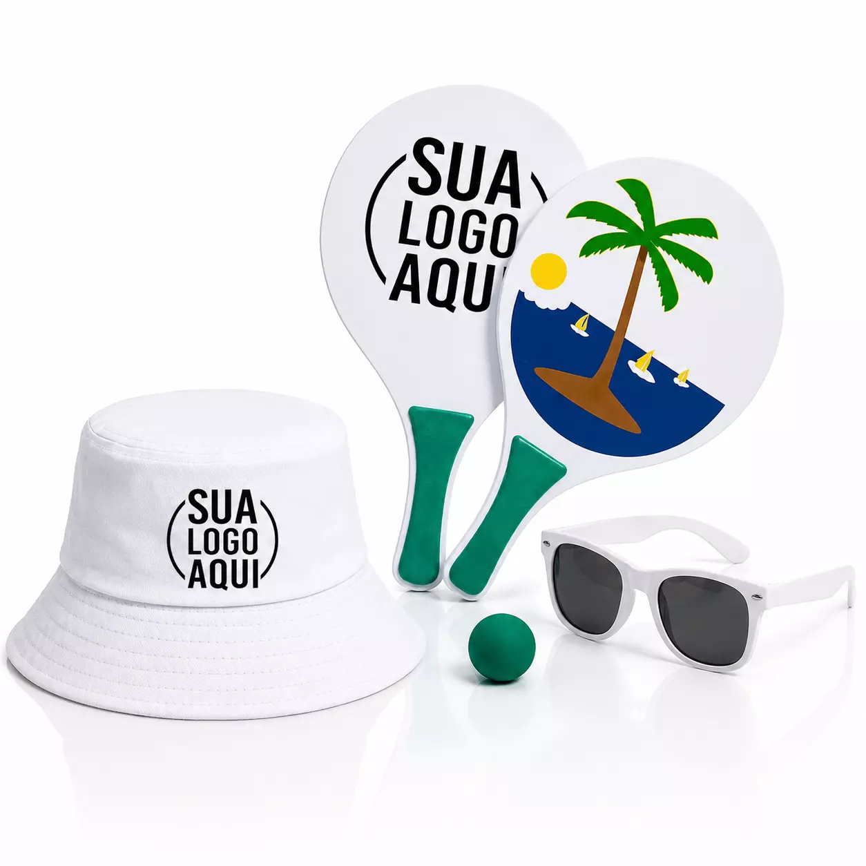 Kit Litoral Personalizado - Chapéu Bucket, Frescobol e Óculos Branco
