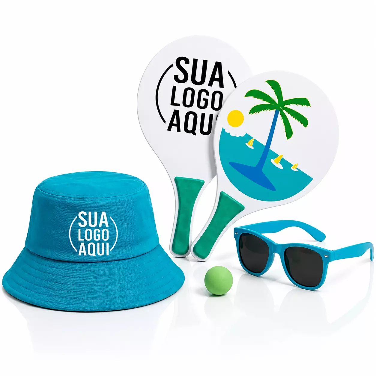 Kit Litoral Personalizado - Chapéu Bucket, Frescobol e Óculos Azul Claro