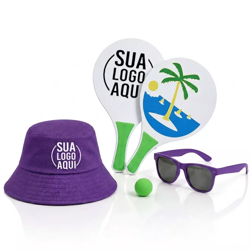 Kit Litoral Personalizado - Chapéu Bucket, Frescobol e Óculos Roxo