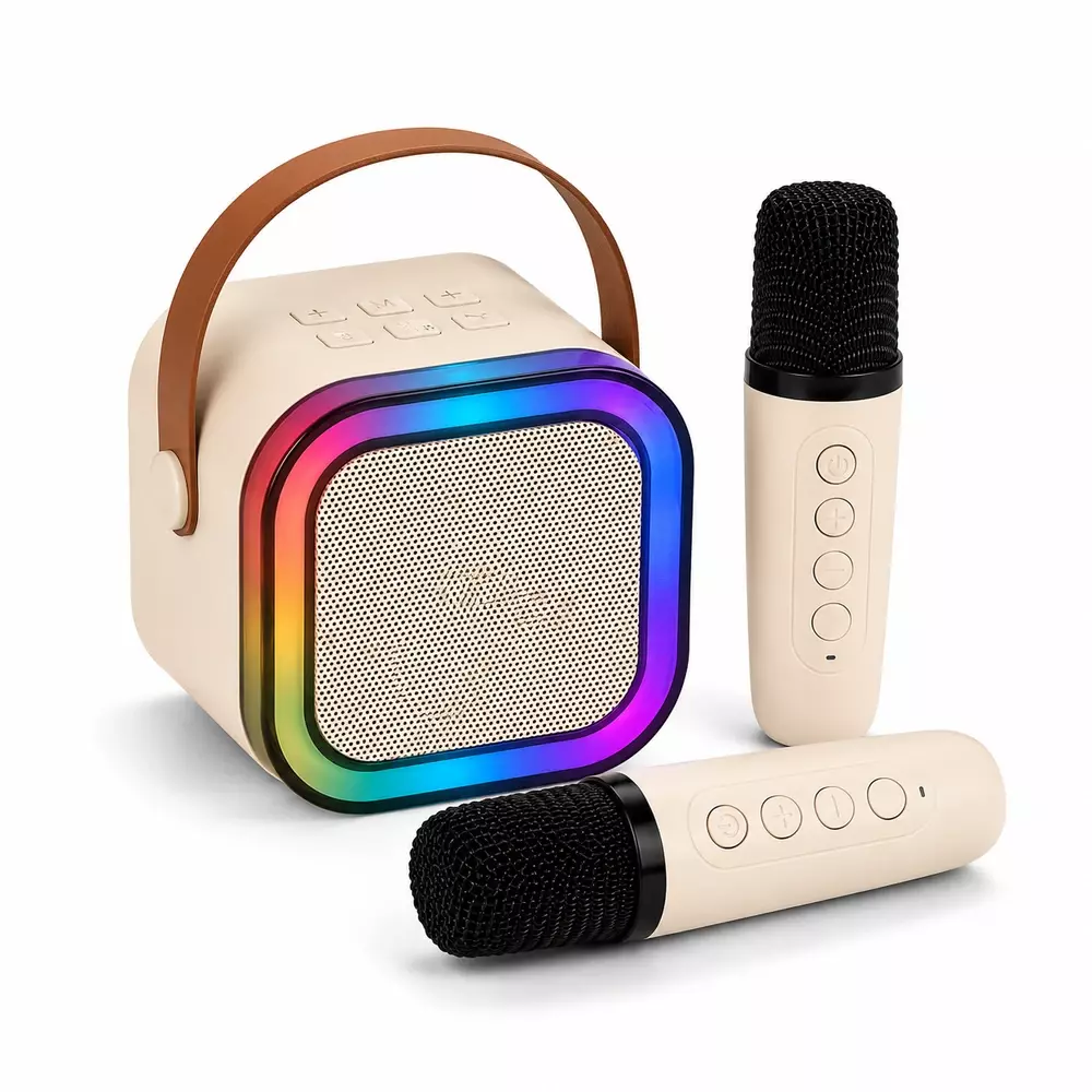 Caixinha de Som Karaokê com Microfones Personalizada Bege