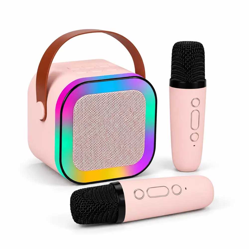 Caixinha de Som Karaokê com Microfones Personalizada Rosa Claro