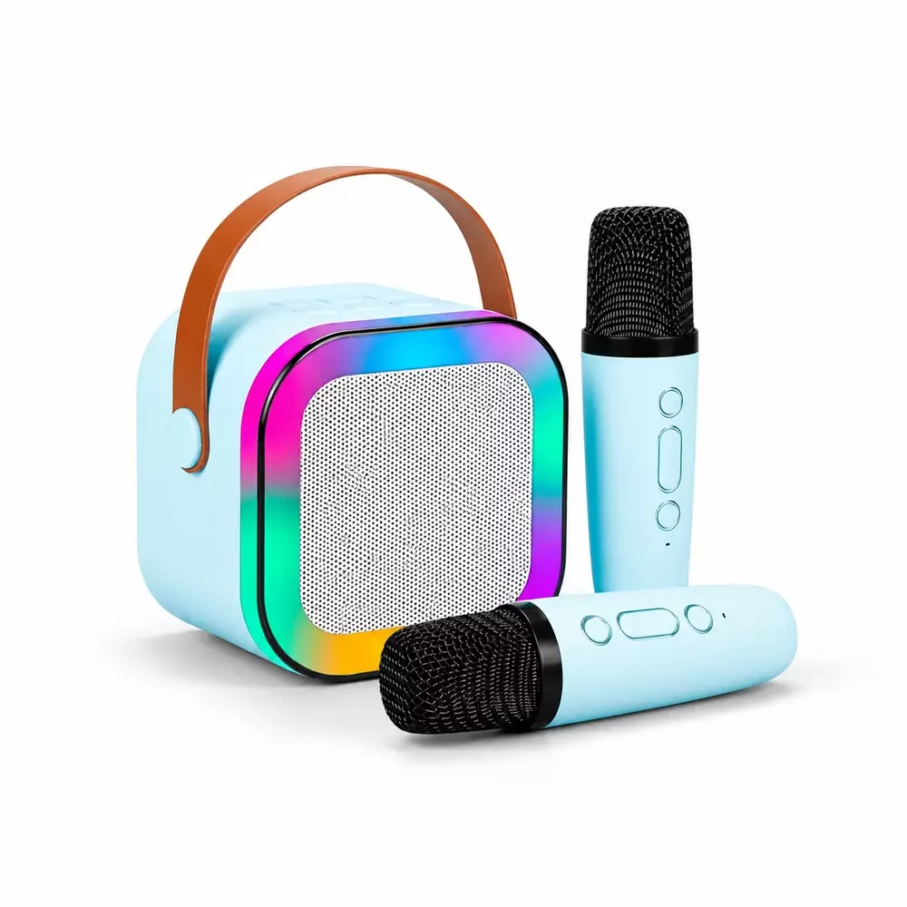Caixinha de Som Karaokê com Microfones Personalizada Azul Claro